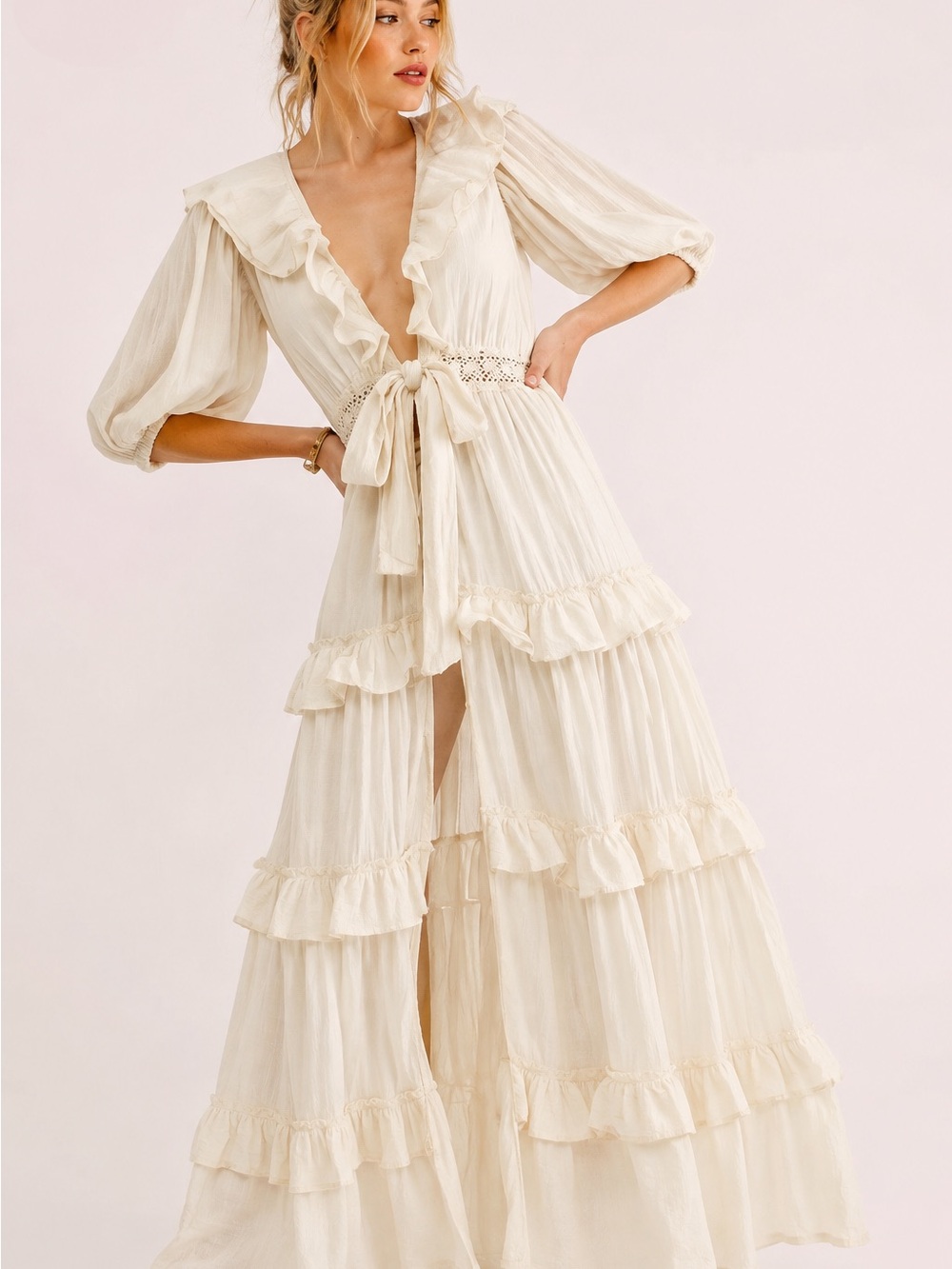Mable | Ivory | 100% Cotton Ruffle Tiered Maxi Dress Robe M/L Boho Cottagecore